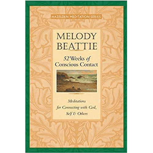 Cover of '52 Weeks of Conscious Contact' by Melody Beattie. The cover features a decorative green border with an intricate beige floral pattern. The center displays the title and author's name in black text on a beige background, with a small landscape painting below the title. The subtitle reads 'Meditations for Connecting with God, Self & Others'