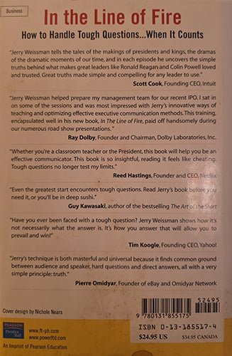 Back cover of In the Line of Fire with reviews and ISBN