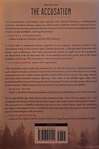 Back cover of The Accusation with critical praise from Steven J. Zipperstein, Cynthia Ozick, Hasia R. Diner, and Thane Rosenbaum.