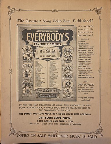 Advertisement for 'Everybody's Favorite Songs' with decorative elements on a brown background