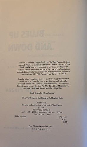 Copyright and publication page of Blues Up and Down: Jazz in Our Time by Tom Piazza, St. Martin’s Press, 1997 first edition.