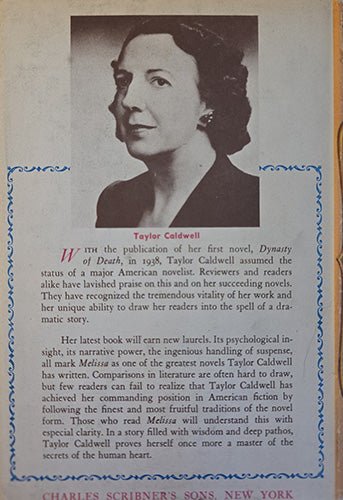Back cover of Melissa with a portrait of Taylor Caldwell and text about Taylor Caldwell and her novels.