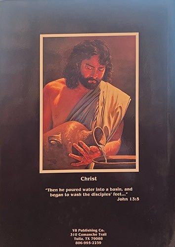 Illustration of a bearded man pouring water into a basin with text on a dark background. back cover of the book.