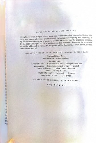 The Court and the Constitution Archibald Cox Signed First Edition – rare, vintage, or collectible item from Deb’s Book Paradise