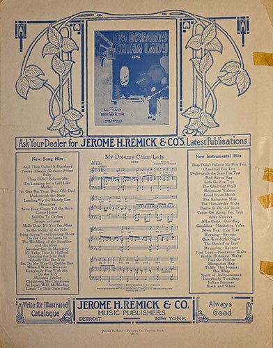 Back cover of vintage sheet music showing publisher advertisements and printed musical excerpts from Jerome H. Remick & Co.
