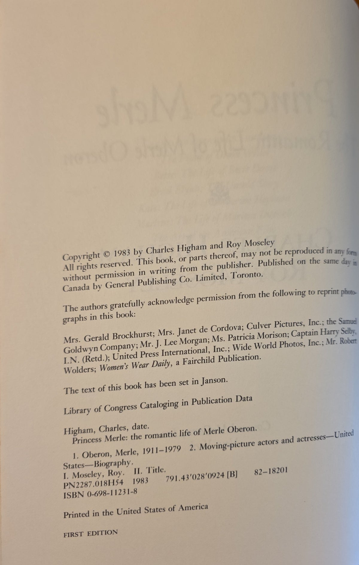 Princess Merle copyright page showing 1983 publication, authors Charles Higham and Roy Moseley, and the first edition statement.