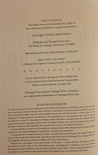 A photographed book cover or printed publication page with black text on a warm beige background. Visible text includes 'FIRST EDITION,' publisher information for Vantage Press, ISBN 978-0-533-165131, and an acknowledgments section.