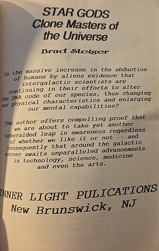 A close-up of a book or booklet cover titled 'STAR GODS Clone Masters of the Universe' by Brad Steiger, with black text printed on aged off-white paper. The bottom shows 'INNER LIGHT PULICATIONS' and 'New Brunswick, NJ'.