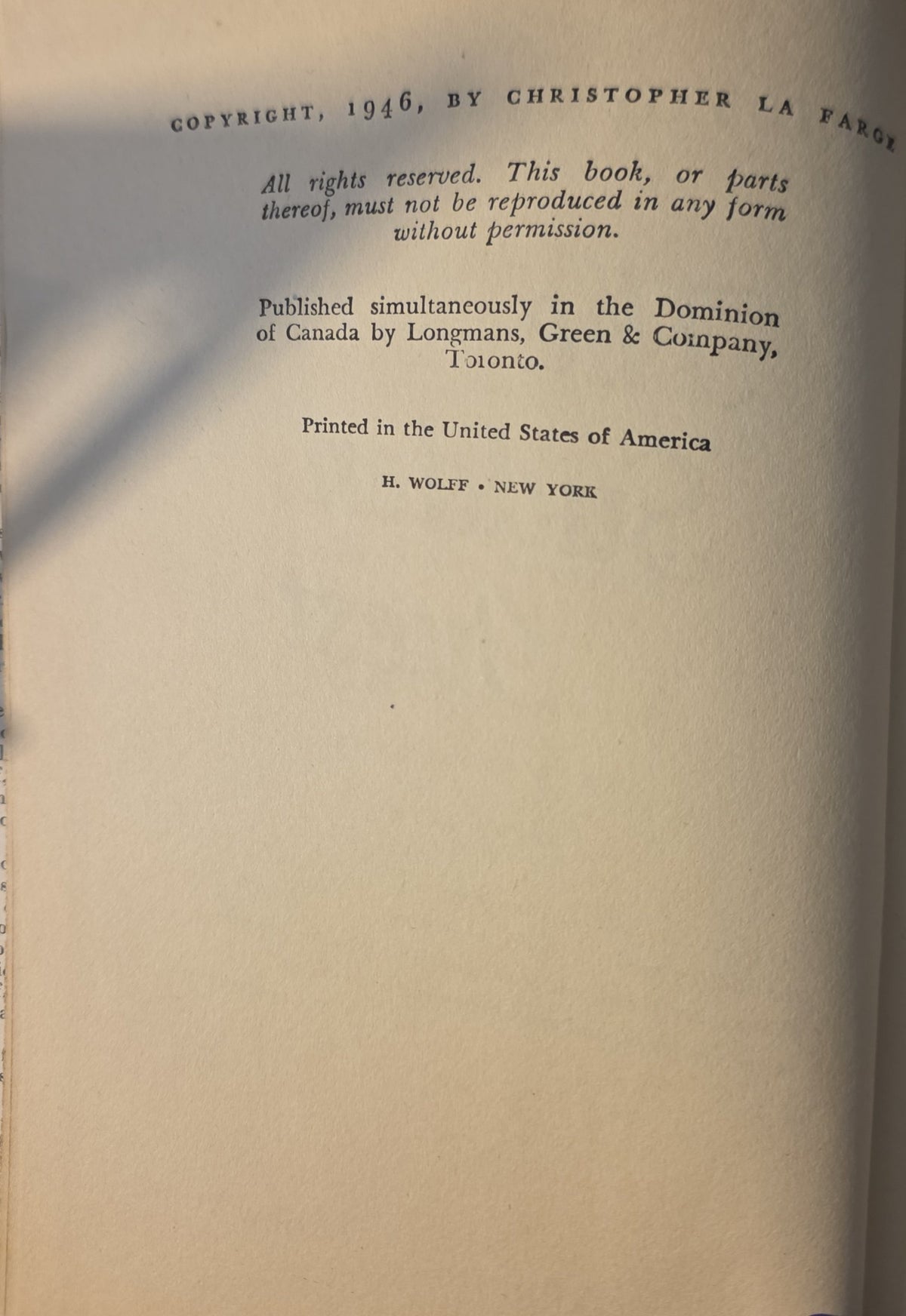 A vintage book page showing the copyright and publisher details printed in black type on aged, warm off-white paper.