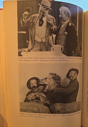 Interior illustrated page from The Art of W. C. Fields featuring black-and-white film stills of W. C. Fields in performance and publicity photographs.