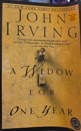 Book cover of 'A Widow for One Year' by John Irving with a key symbol on a textured background.