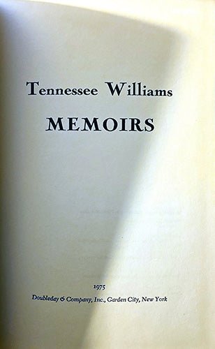 Title page of Memoirs by Tennessee Williams, first edition, published by Doubleday & Company, Garden City, New York, 1975.