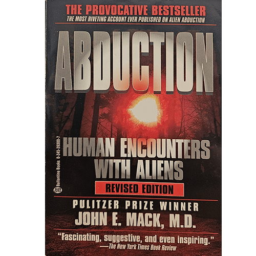 Cover of Abduction: Human Encounters with Aliens, Revised Edition, by John E. Mack, M.D. Features bold title text in silver over an image of a mysterious forest with a glowing light.