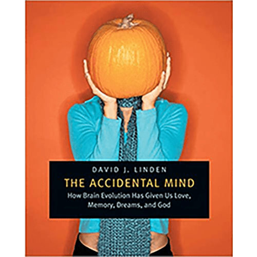 Cover of The Accidental Mind by David J. Linden, featuring a person holding a pumpkin in front of their face against a bright orange background.
