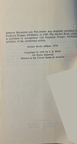 Copyright page of African Religions and Philosophy by John S. Mbiti showing 1969 copyright and 1970 First Anchor Books edition.