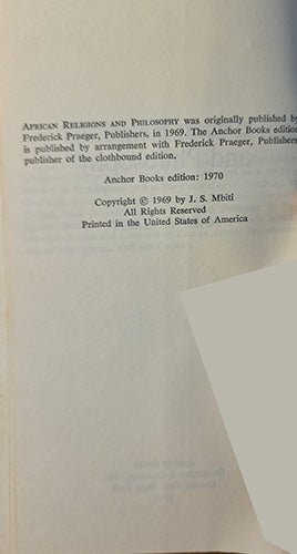 Copyright page of African Religions and Philosophy by John S. Mbiti showing 1969 copyright and 1970 First Anchor Books edition.