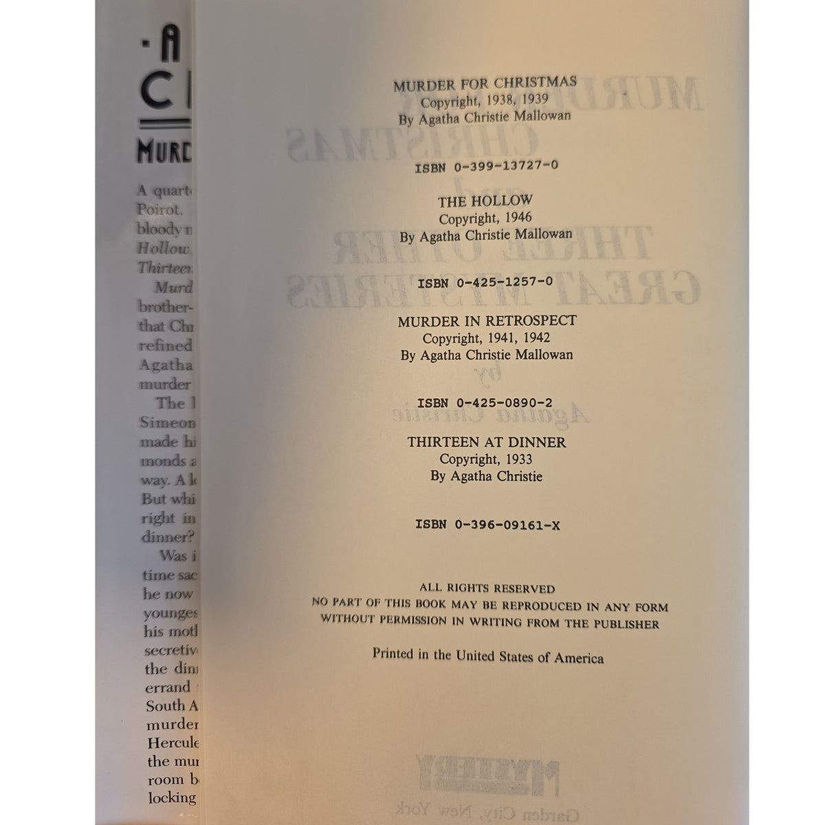 Copyright page listing Murder for Christmas, The Hollow, Murder in Retrospect, and Thirteen at Dinner.