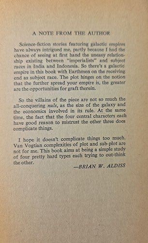 A vintage book page with black serif text on aged beige paper, titled 'A NOTE FROM THE AUTHOR' by Brian W. Aldiss.