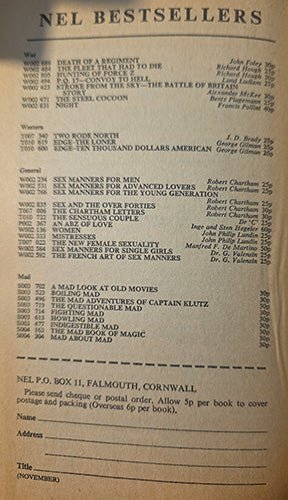 A vintage book cover or booklet page titled 'NEL BESTSELLERS' with a list of bestsellers and publisher details for NEL P.O.