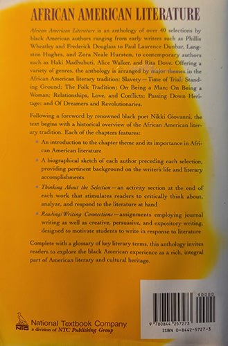 Back cover of African American Literature describing the anthology's authors, educational features, and classroom use.