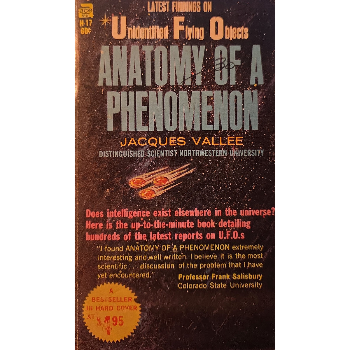 Vintage paperback book cover of 'Anatomy of a Phenomenon' by Jacques Vallee, featuring a dark brown textured background with orange and white text and a small illustration of two probes.