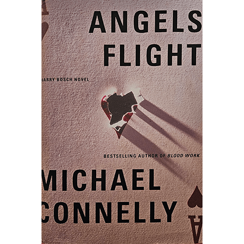 Book cover of Angels Flight by Michael Connelly featuring a pierced ace of hearts card with dramatic shadows and minimalist design.