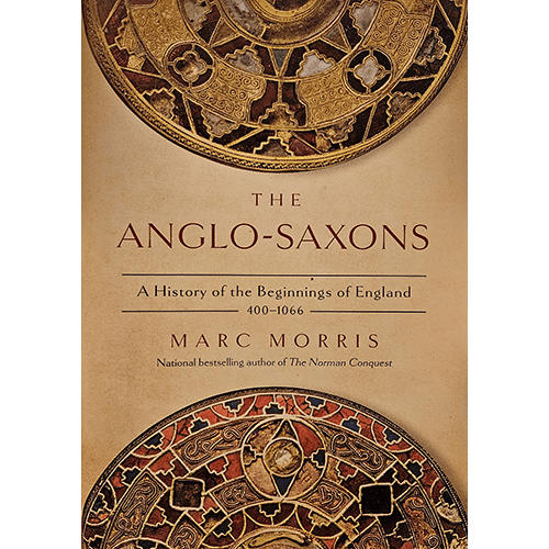 The cover of The Anglo-Saxons by Marc Morris features intricate Anglo-Saxon art designs with a rich gold and red palette. It highlights the book’s historical focus on England’s early medieval period.