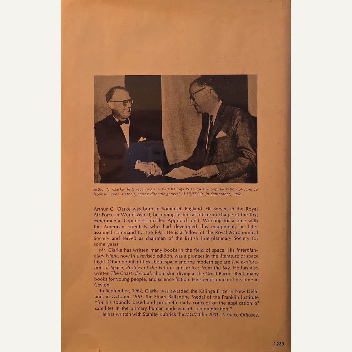 Back cover of the ARthur C. Clarke book showing a photograph of him.