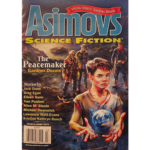 Cover of Asimov’s Science Fiction, March/April 2019, featuring “The Peacemaker” by Gardner Dozois and tribute stories by acclaimed authors