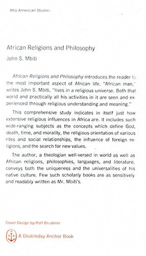 Back cover of African Religions and Philosophy by John S. Mbiti describing the book's study of traditional African religions and philosophy.