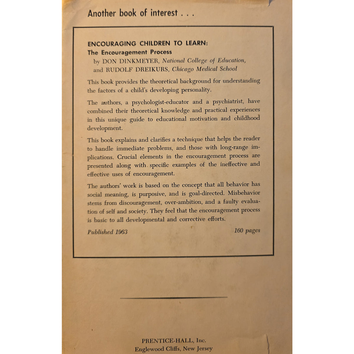A vintage book cover for 'Encouraging Children to Learn' by Don Dinkmeyer and Rudolf Dreikurs, published in 1963. The cover is made of aged, yellowed paper with black printed text and a thin black border.