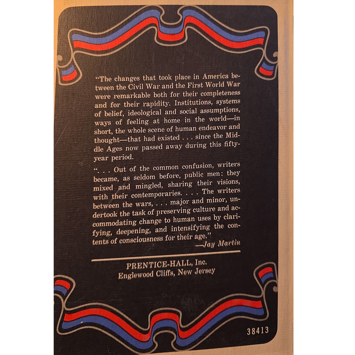 back coverwith a dark brown background, featuring a quote by Jay Martin and the publisher text 'Prentice-Hall, Inc. Englewood Cliffs, New Jersey' at the bottom.