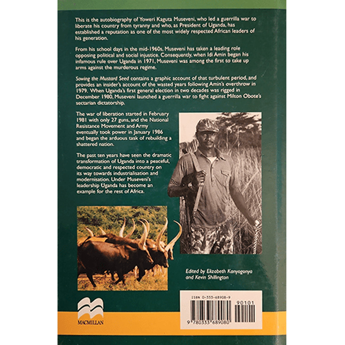 Back cover of a book titled 'This is the autobiography of Tenswatu Mussetta' by Elizabeth Kanyegwo and Akos Daglior, published by Macmillan. The cover is dark green with white text, featuring a photograph of a man in a suit, a lion, and a barcode at the bottom.