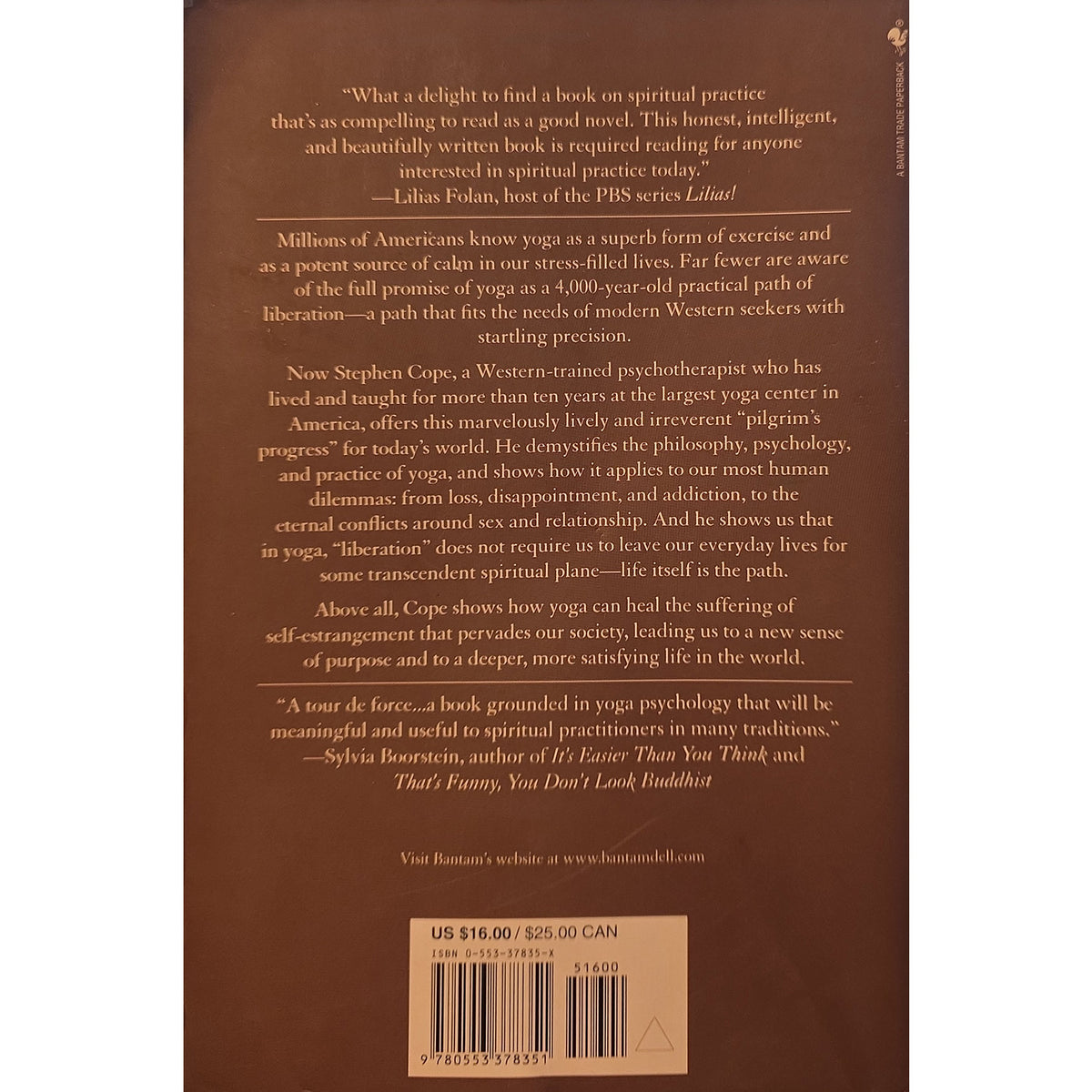 The back cover of a book titled 'Yoga' by Stephen Cope, featuring a dark brown background with white text reviews, a price box at the bottom, and a small triangular logo.