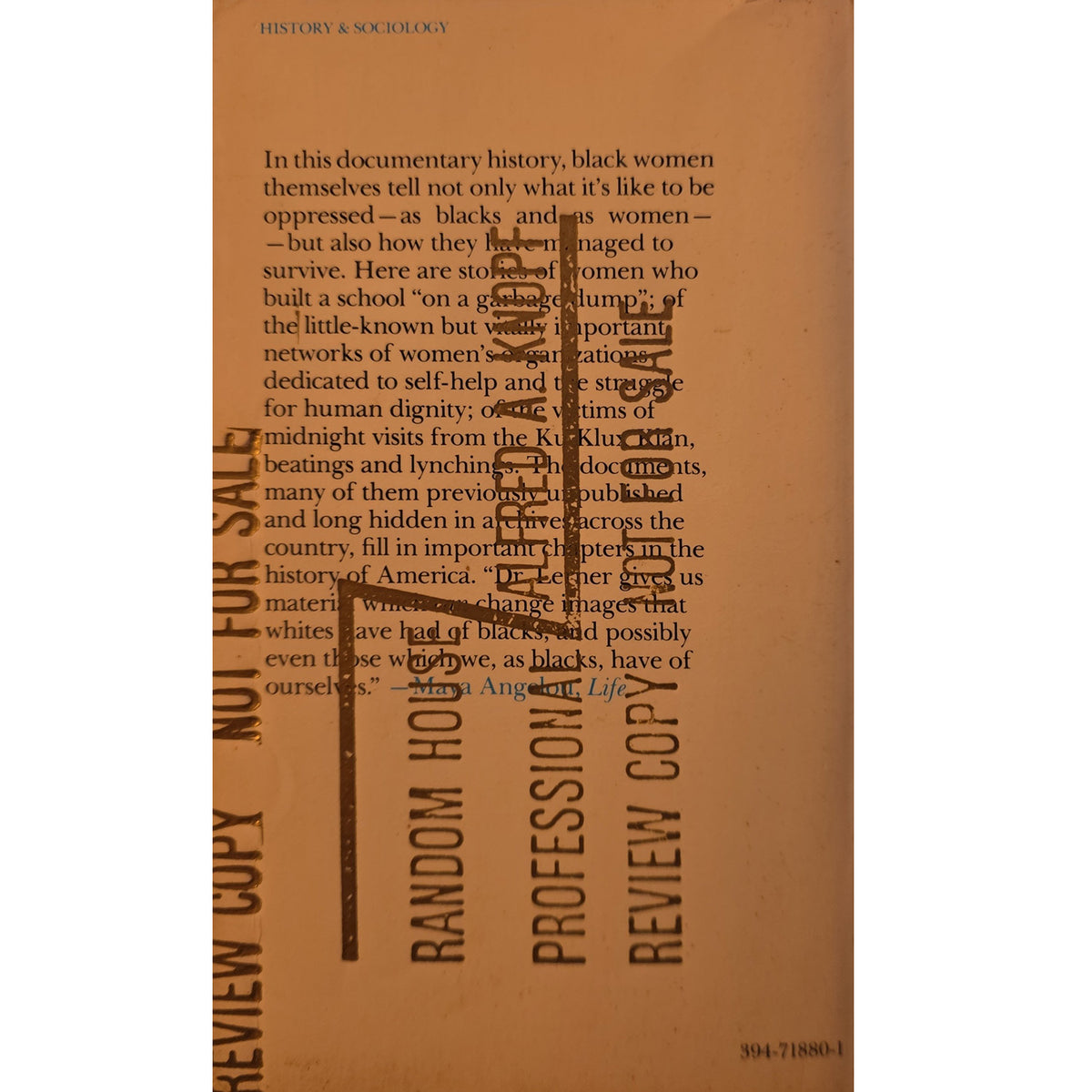 back cover with a tan background and black text, featuring a vertical spine-like strip on the left with the words 'RANDOM HOUSE' and 'PROFESSION REVIEW COPY.'.