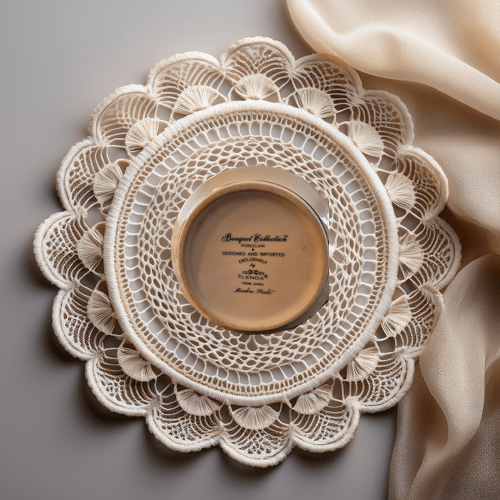 Decorative lace doily with a cup on a gray background