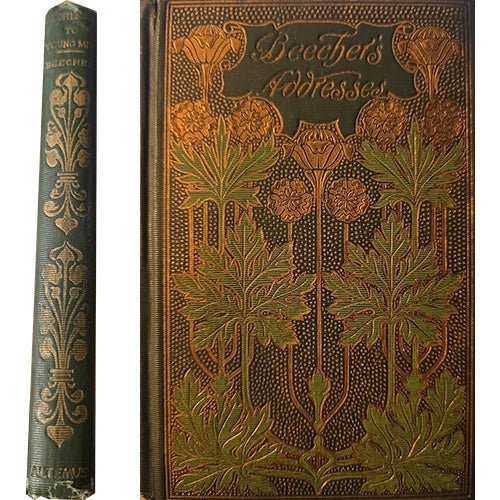 A vintage hardcover book shown standing upright with its spine visible on the left and the decorated front cover on the right. The cover is dark green with ornate embossed botanical motifs in metallic gold and olive tones, and the title 'Doocher's Addresses' is visible near the top.