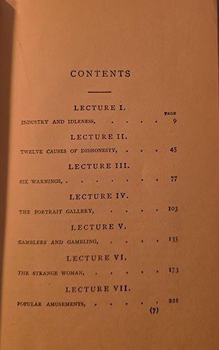 A printed contents page from a vintage book or pamphlet, showing the table of contents for lectures on industry and dishonesty, printed in black on aged tan paper.