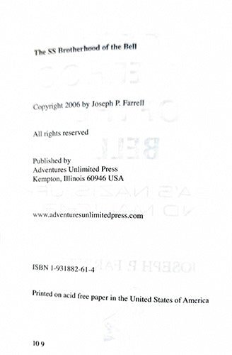 A scanned book or booklet page showing printed text including the title 'The SS Brotherhood of the Bell,' copyright by Joseph P. Farrell, publisher 'Adventures Unlimited Press,' website, ISBN, and printing information on a white page.