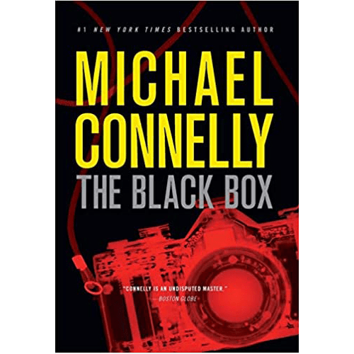 Cover of The Black Box by Michael Connelly, featuring bold yellow and gray typography over a red-tinted camera illustration on a black background.