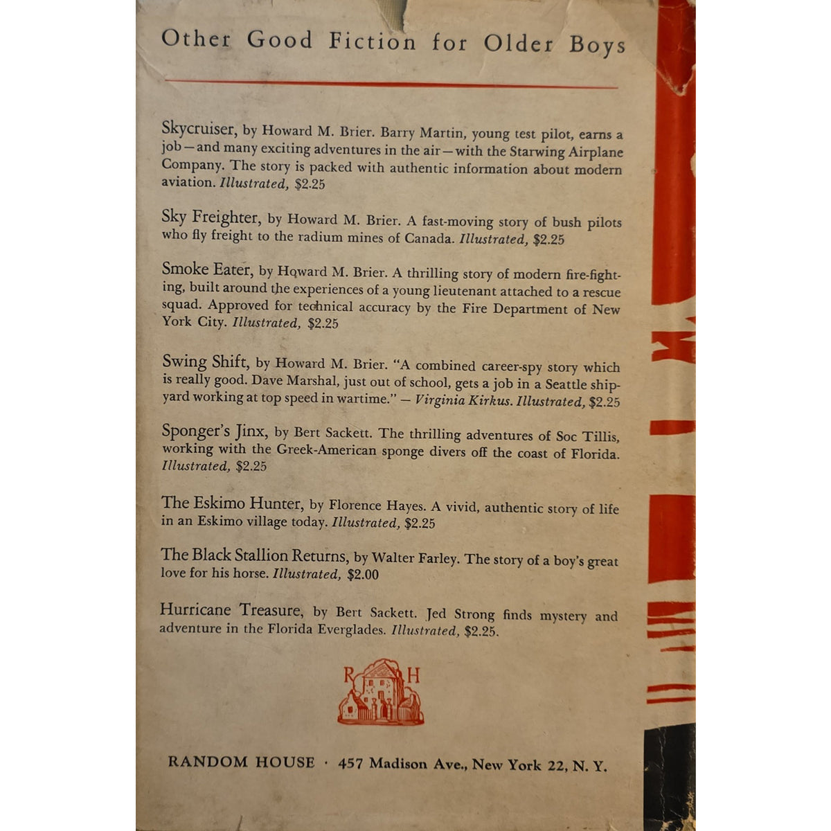 A book review page from Random House featuring a list of recommended older boys' fiction books, with a red vertical stripe on the right side.