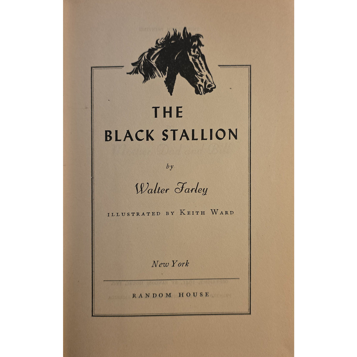 Thehalf titleof the book 'The Black Stallion' by Walter Farley, illustrated by Keith Ward, published by Random House. The cover features a black horse head illustration above the title on a warm beige background.