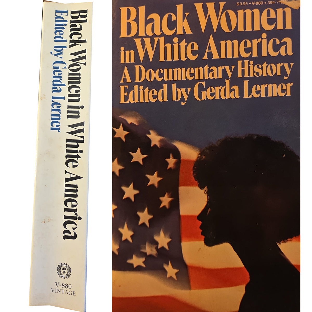 Book cover and spine of 'Black Women in White America: A Documentary History' edited by Gerda Lerner, showing a dark blue cover with orange title text, an American flag graphic, and a black silhouette profile.