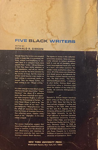 Back cover of Five Black Writers with publisher's description of essays on major twentieth-century African American authors.