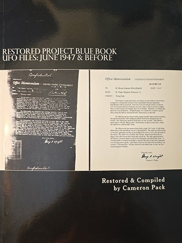 A book cover for 'Restored Project Blue Book UFO Files: June 1947 & Before' showing two scanned document pages on a black background, with the title and compiler credit 'Cameron Pack' visible.