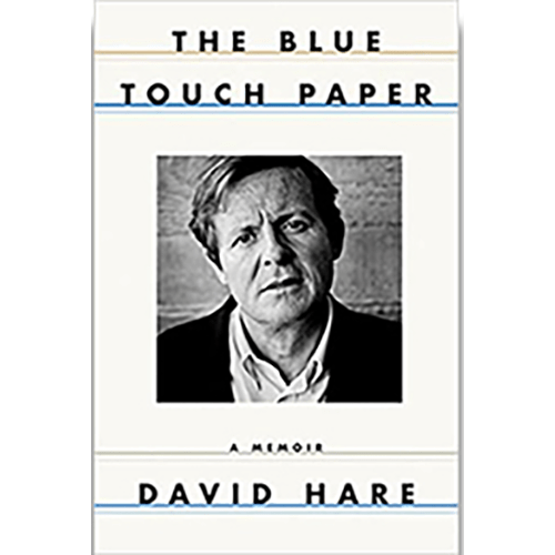 Cover of The Blue Touch Paper by David Hare, featuring a black-and-white portrait of the author centered on a minimalist white background.