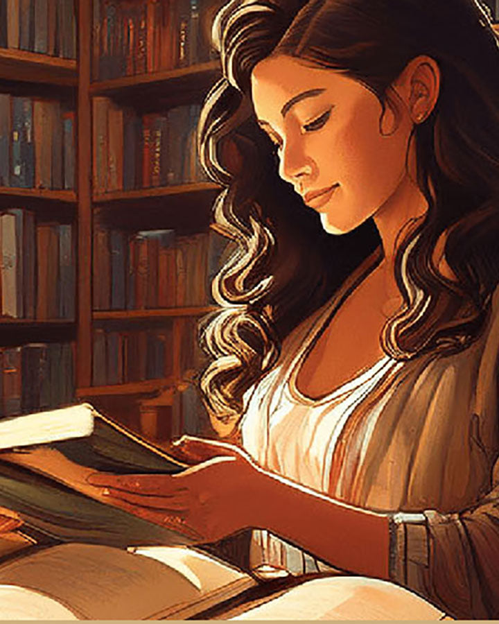 Woman reading among vintage books at Deb’s Book Paradise