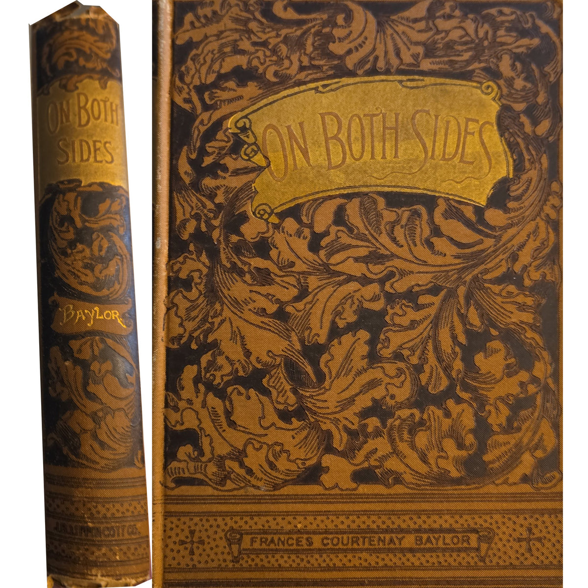An antique hardcover book shown from the front cover and spine, featuring ornate gold embossed floral scrollwork on a dark brown or black cover. The title 'ON BOTH SIDES' is visible on the front and spine, with the author name 'FRANCES COURTEMAY BAYLOR' at the bottom.