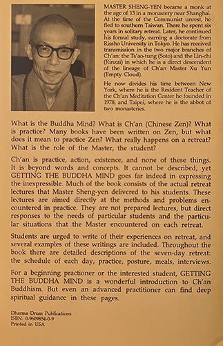 A book cover for 'Getting the Buddha Mind' by Master Sheng-yen, published by Dharma Drum Publications. The cover features a light brown background with black serif text and a small circular illustration of a seated figure in the upper left.