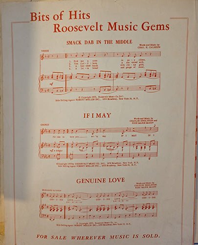 Back page of vintage sheet music showing Roosevelt Music Gems and Bits of Hits promotional song excerpts